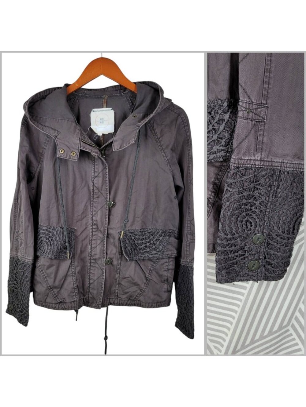 Anthropologie Hei Hei Small Utility Jacket Zip Drawstring Pockets Crochet Field